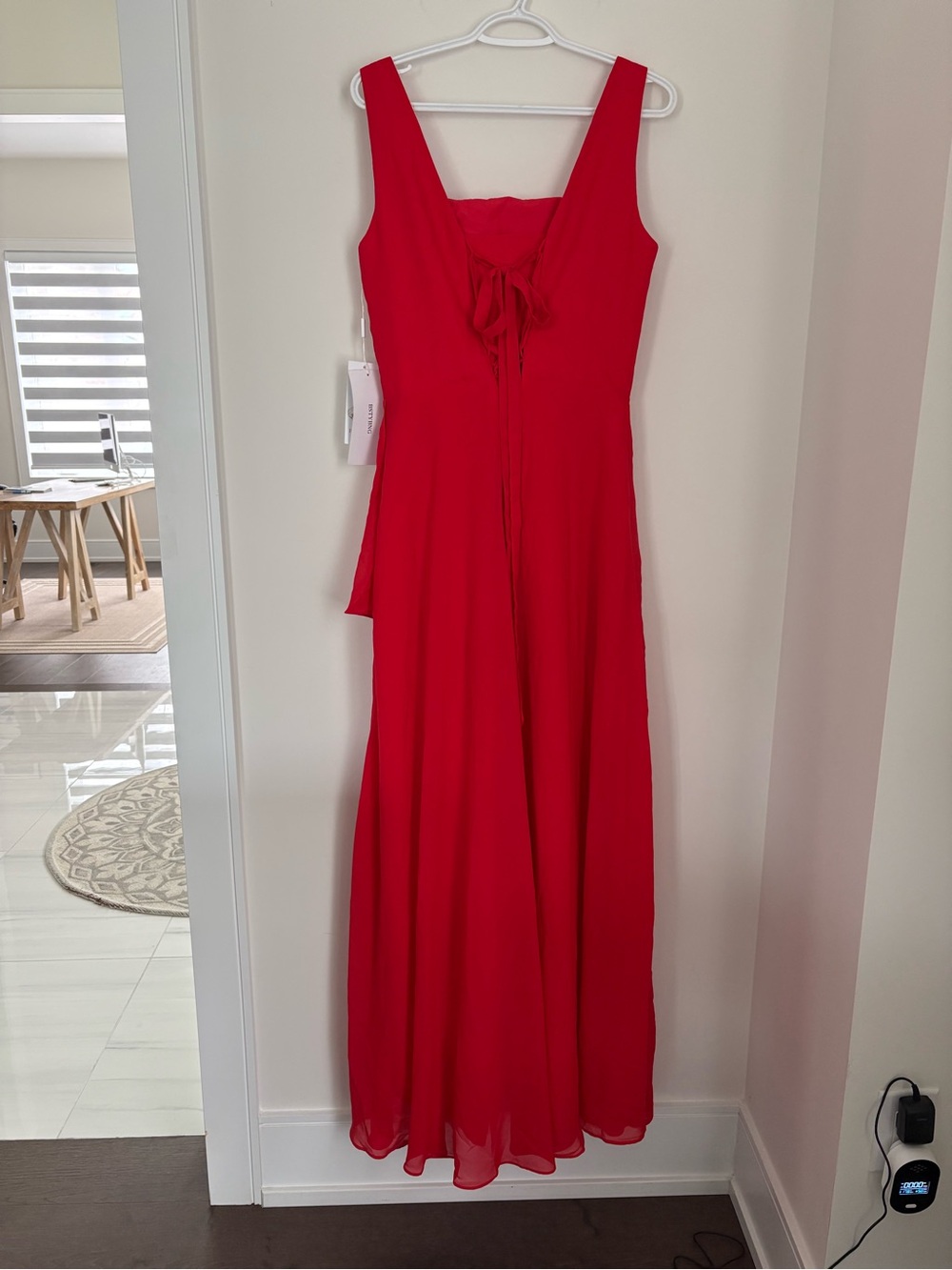 Red Square-Neck Maxi Dress with Side Ruffle - Picture 3 of 12